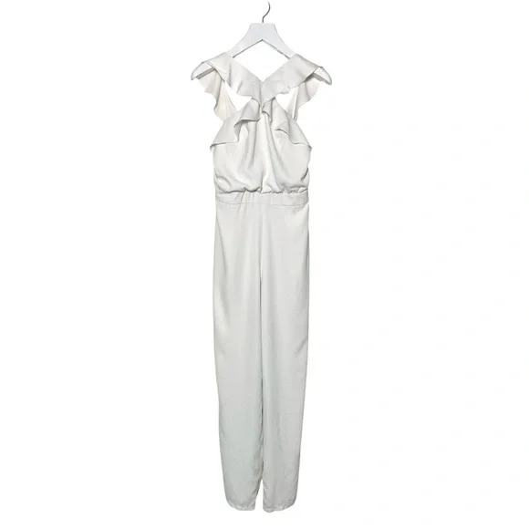 BHLDN MONIQUE LHUILLIER White Bissel Jumpsuit w/ Ruffle Halter Bodice - Size 8 - Picture 12 of 12